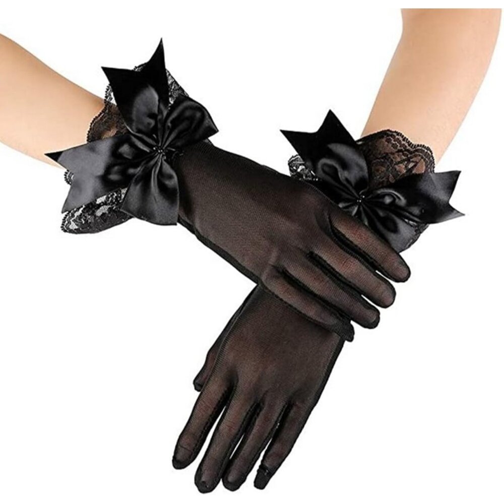Women's Bow Ruffle Black Border Tulle Mesh Short Lace Gloves Wedding Party Prom